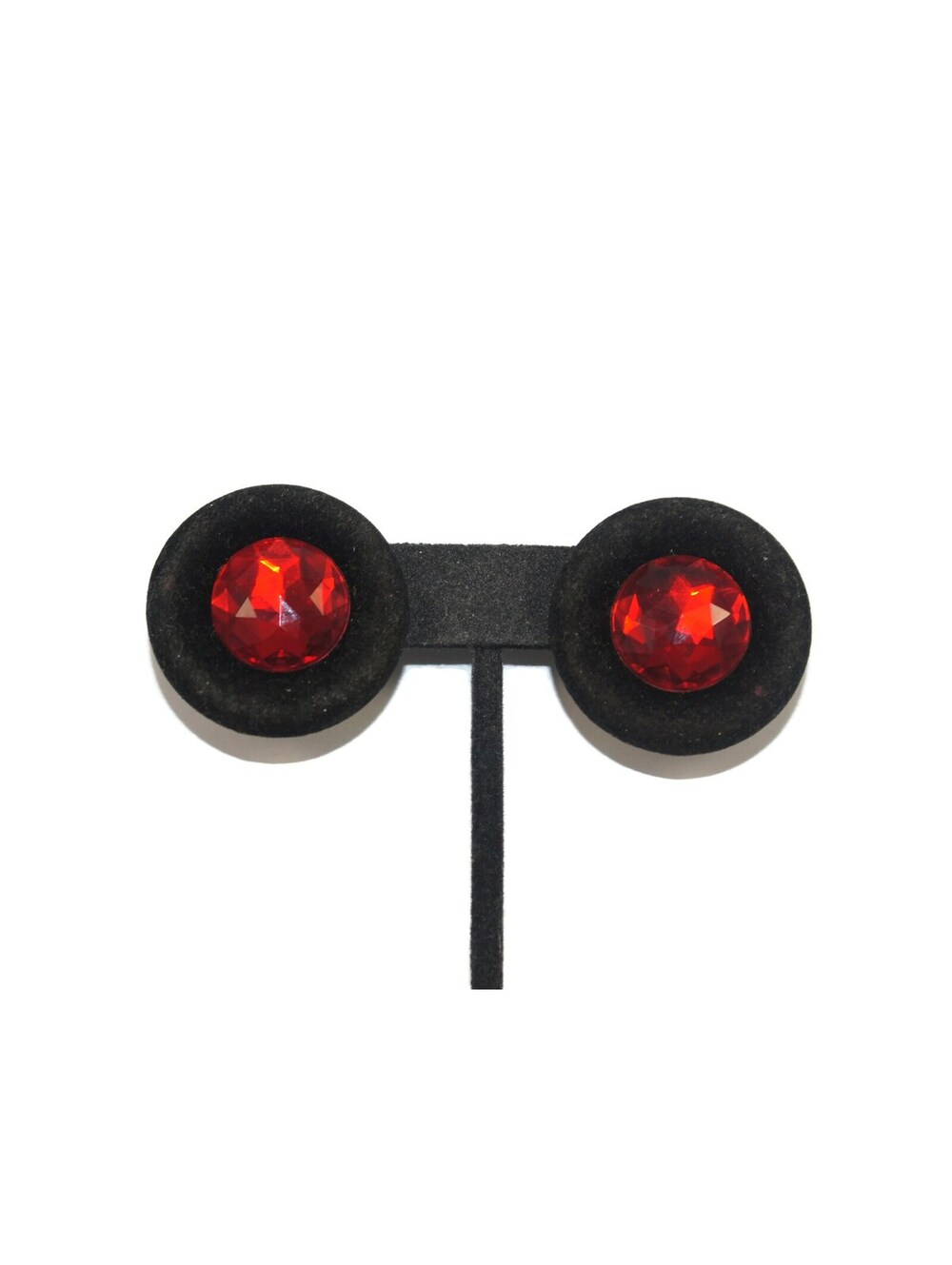 Vintage Black Velvet and Faceted Red Plastic Round Stud Earrings.